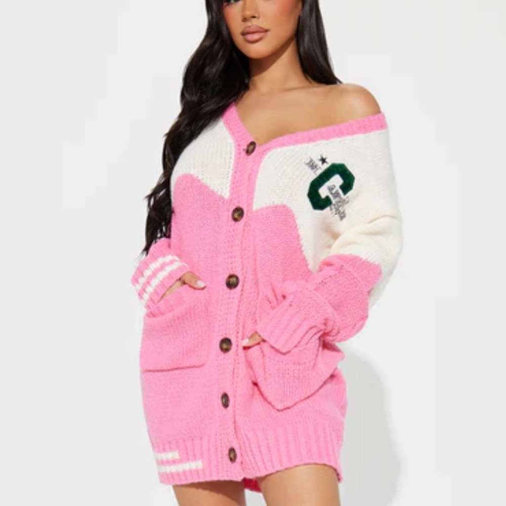 Fashion Nova Pink and White Cardigan Dress